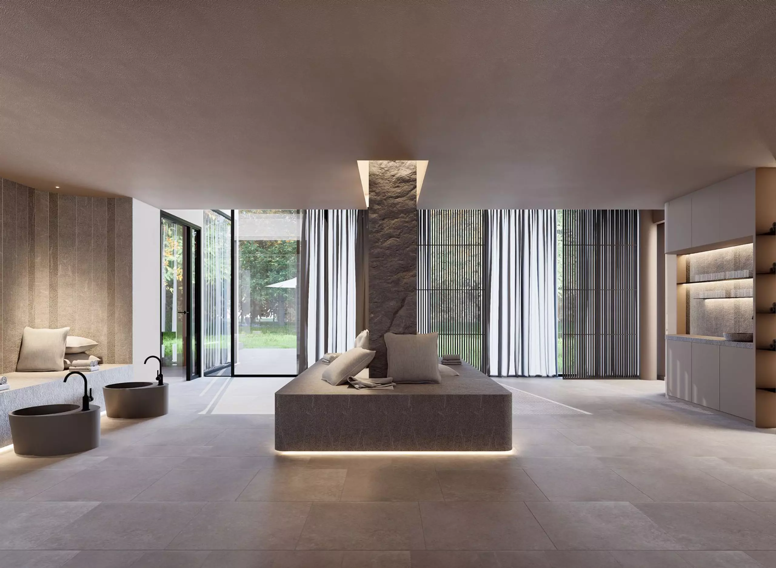 Moderner Spa-Bereich mit Sitzbank, Fußbecken, großen Fenstern und Blick ins Grüne im Boutique Resort Maison Talmühle