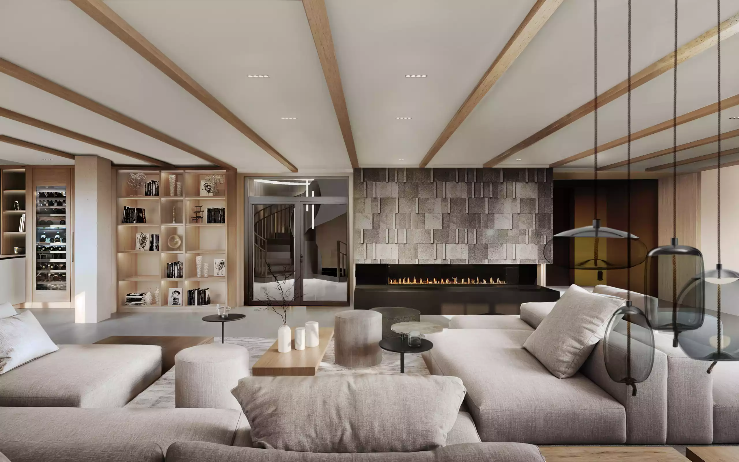 Moderne Lounge mit großem Kamin, beige Sofas, Holzdeckenbalken und beleuchtetem Bücherregal in Boutique Resort Schwarzwald