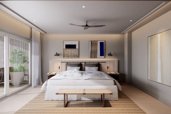 Modernes Musterzimmer mit großem Bett, Holzbank, Teppich, abstrakten Bildern und Zugang zu Terrasse in Boutique Resort