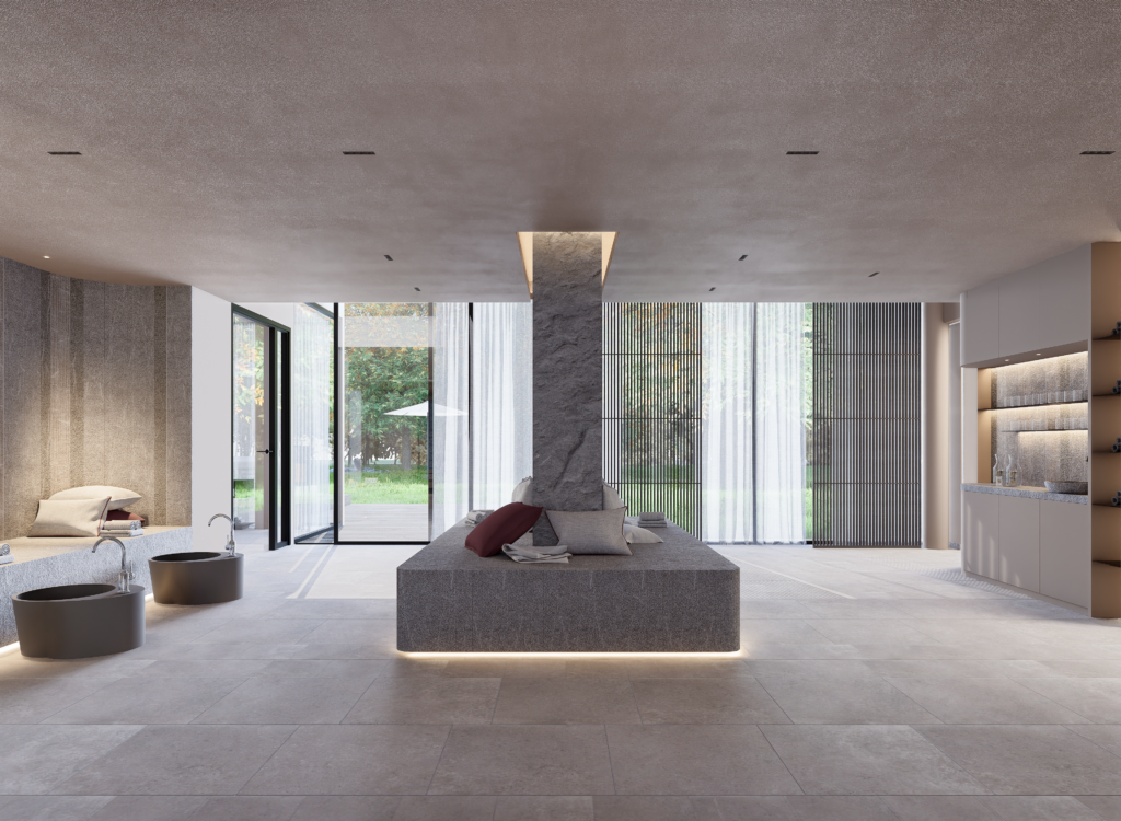 Moderner Spa-Bereich mit Sitzbank, Fußbecken, großen Fenstern und Blick auf grüne Außenanlage im Boutique Resort Schwarzwald