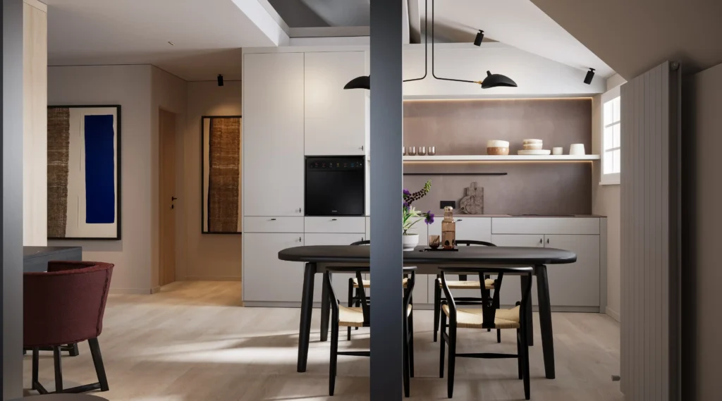 Moderne Boutique Resort Suite mit offener Küche, Esstisch, Stühlen und stilvoller Beleuchtung im Schwarzwald Maison Talmühle