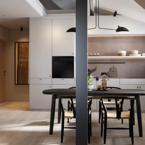 2511 CON_AP 34 Moderne Boutique Resort Suite mit offener Küche, Esstisch, Stühlen und stilvoller Beleuchtung im Schwarzwald Maison Talmühle