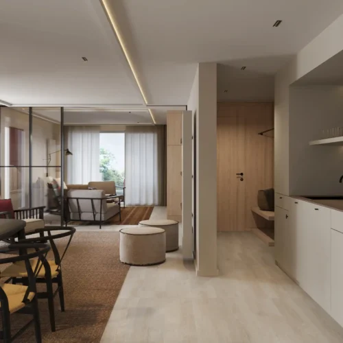 2511 CON_AP 37 Moderne Boutique-Suite mit offener Küche, Essbereich, Sitzgelegenheiten und großem Fenster mit Blick ins Grüne im