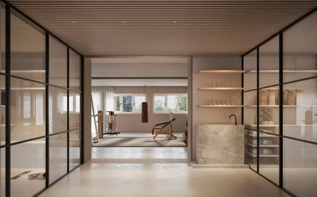 Moderner Fitnessbereich mit Boxsack, Trainingsbank und Geräten in einem Boutique Resort im Schwarzwald mit Wellness-Ambiente
