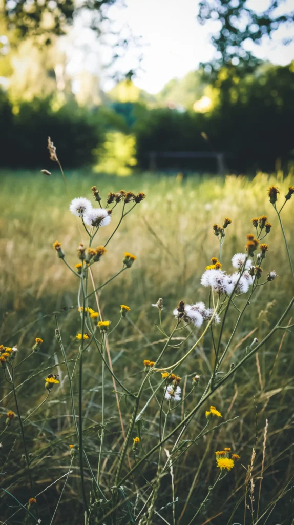 Wiese mit gelben und weißen Wildblumen vor unscharfem Waldhintergrund im Schwarzwald bei Maison Talmühle Resort Spa
