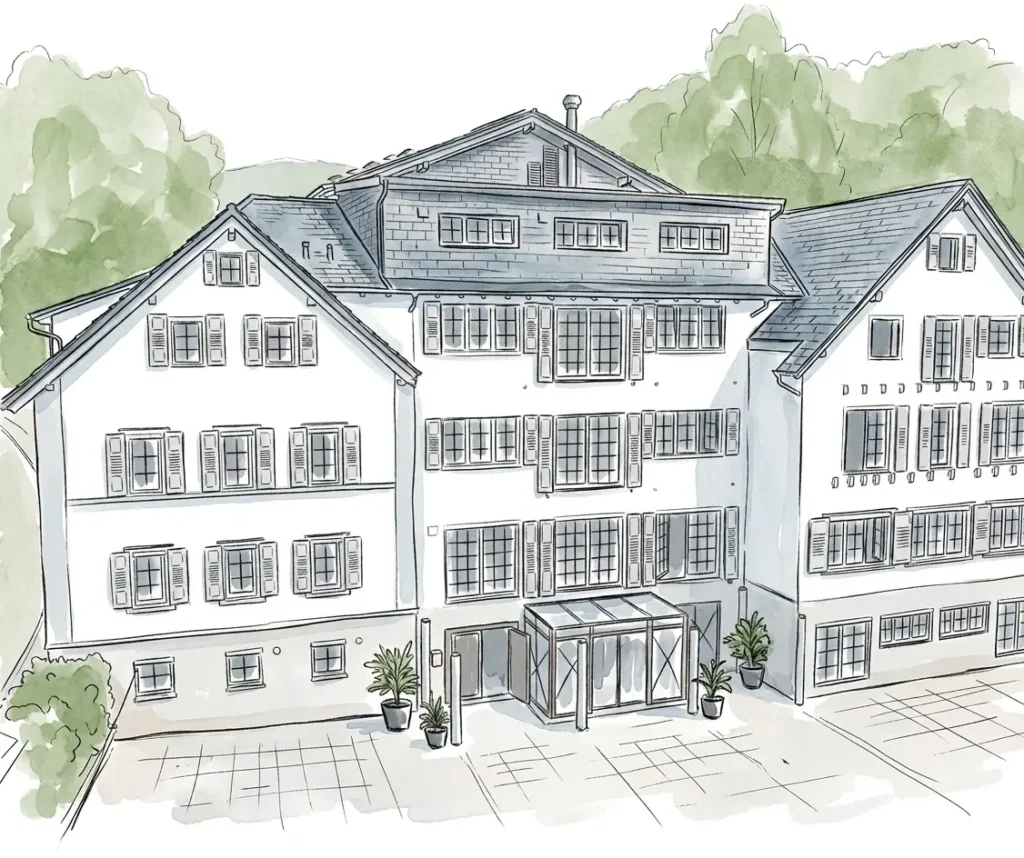 Illustration der Außenansicht des Maison Talmühle Resorts im Schwarzwald mit Eingangsbereich und umliegender Natur.
